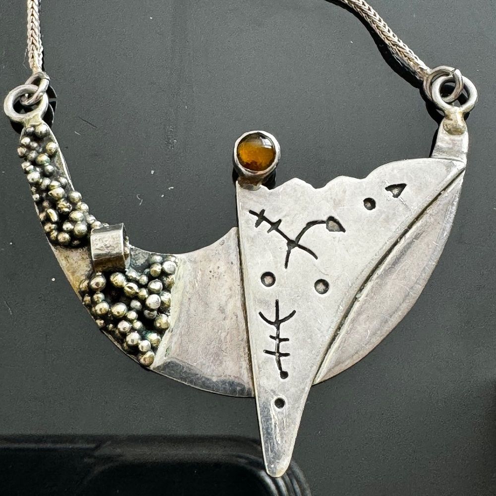 Vintage Modernist Brutalist Pendant Amber Necklace 925 Sterling Silver Chain 18"